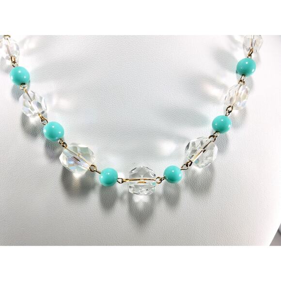Vintage Art Deco Crystal Bead Necklace Turquoise Lucite 1940s 1950s Hand Cut 17" - Picture 9 of 10